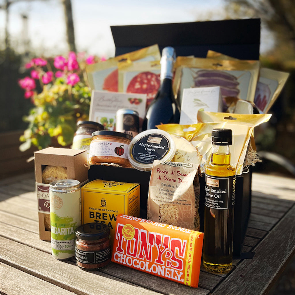 An Artisan Smokehouse luxury hamper with contents on show