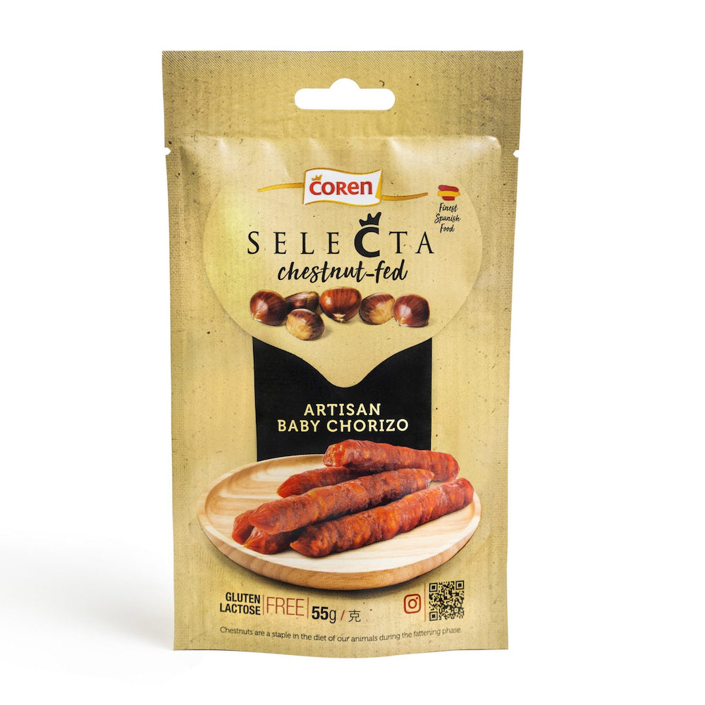 Package of Coren Selecta Artisan Baby Chorizo with chestnuts on a white background