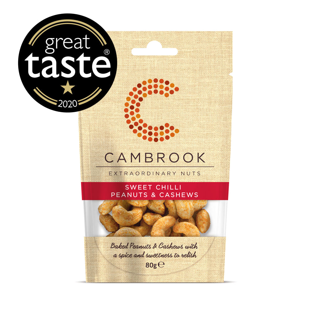 A bag of Cambrook Sweet Chilli Peanuts & Cashews on a white background, featuring a black 'great taste 2020' award badge in the top left corner.