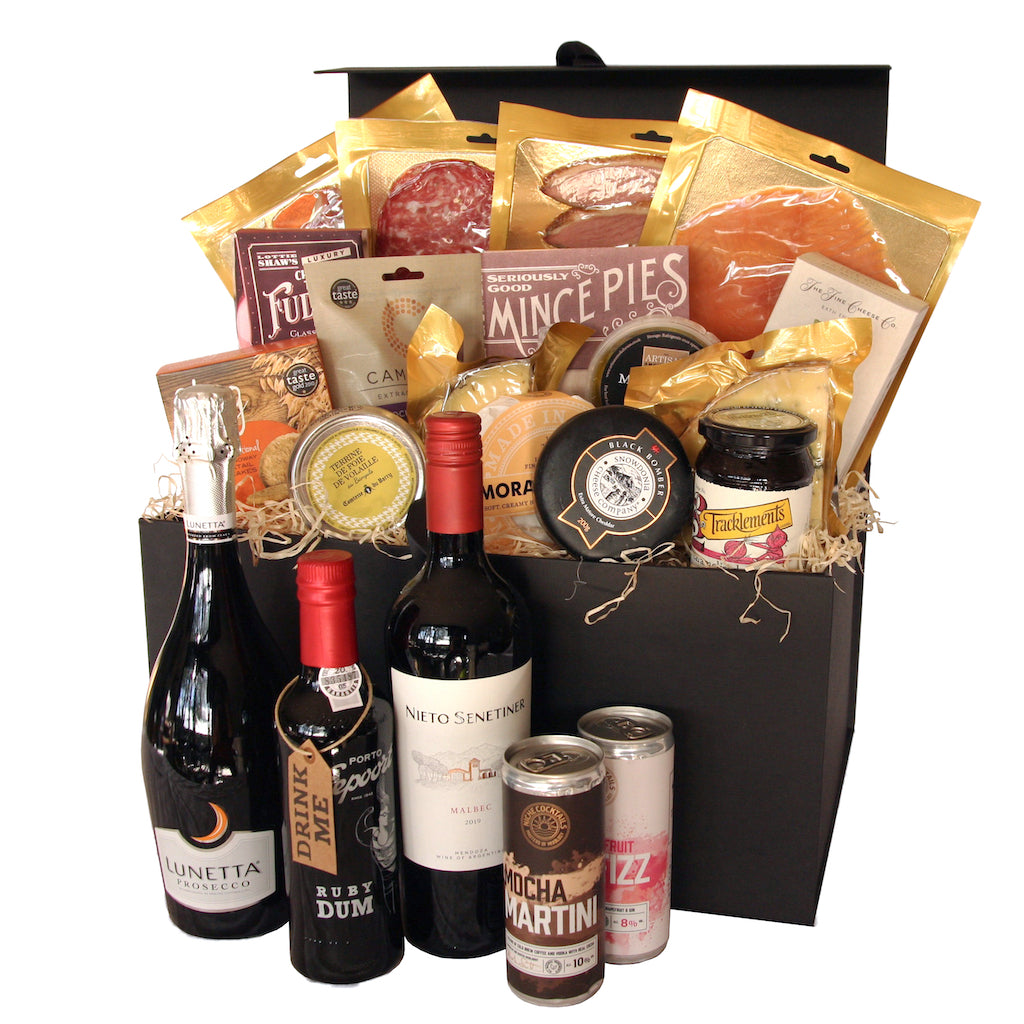 The Artisan Smokehouse's Boozy Christmas hamper containing smoked meats, fish, cheeses, crackers, chutney, wine, Prosecco, port, mince pies and fudge