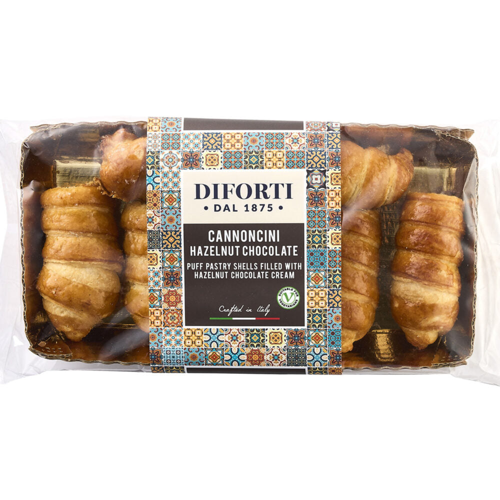 Packaged cannoncini pastries with Diforti branding on a white background