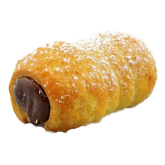 Cannoncini with chocolate hazelnut filling and powdered sugar on a white background