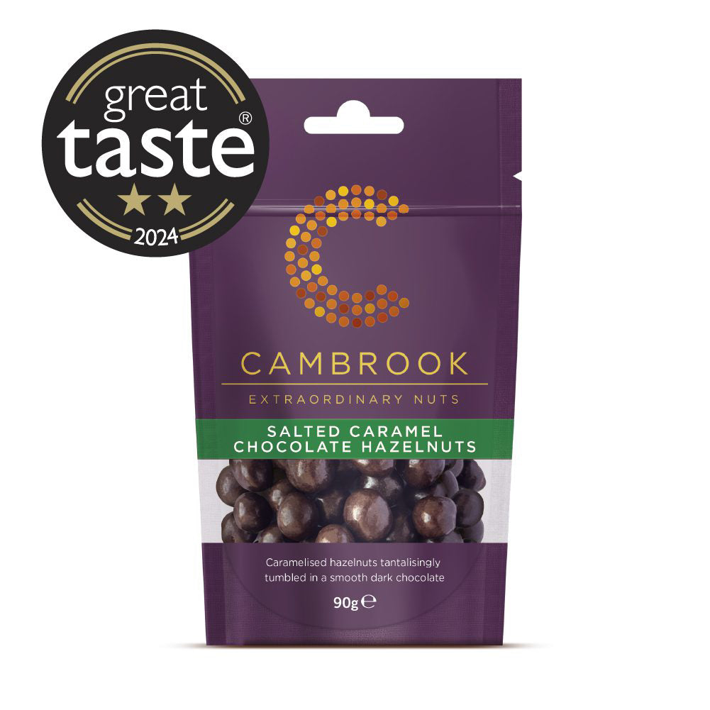 Packaging of Cambrook salted caramel chocolate hazelnuts with a Great Taste award badge on a white background.