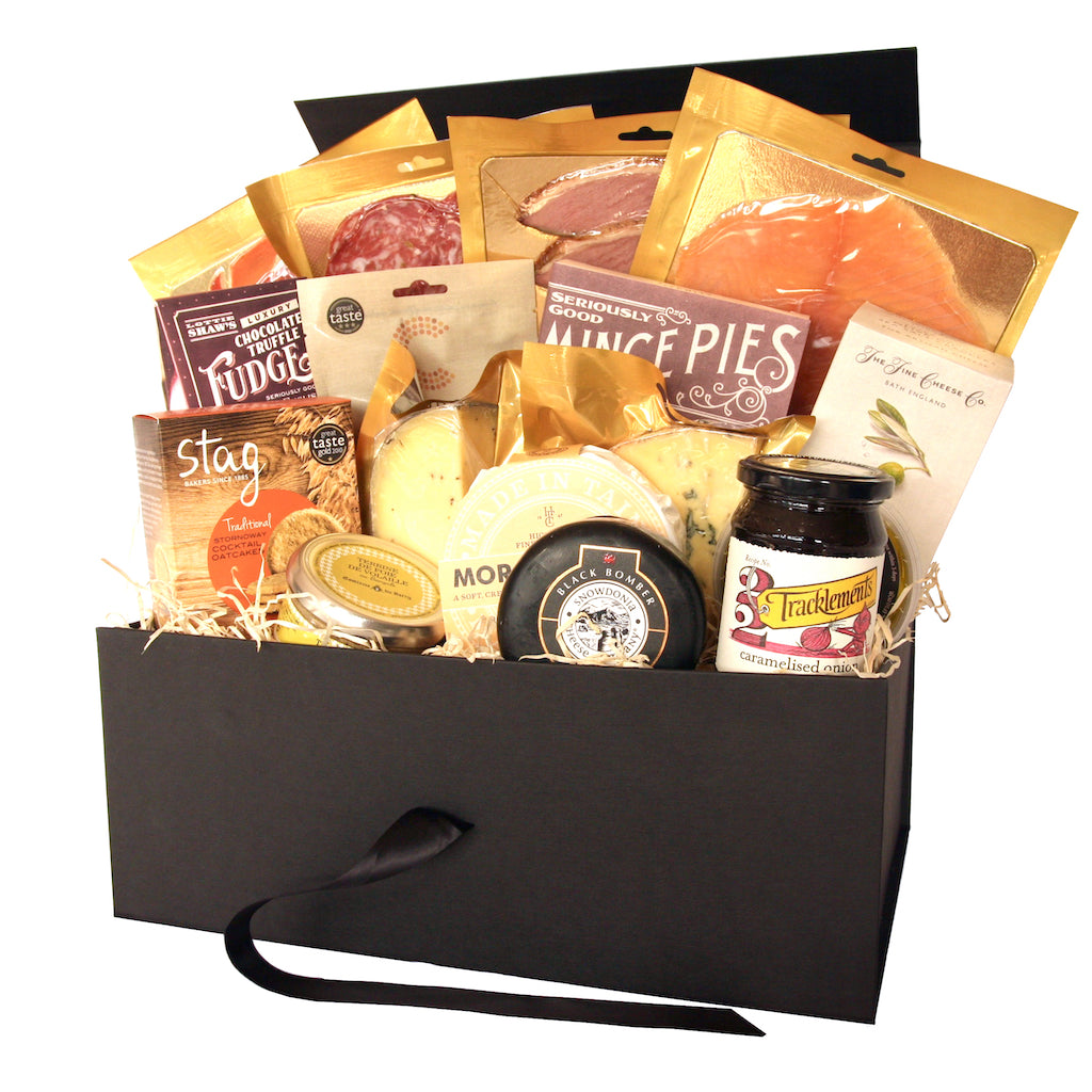 The Artisan Smokehouse's Christmas Hamper containing smoked meats, fish, cheeses, chutney, crackers, nuts, terrine, mince pies and fudge