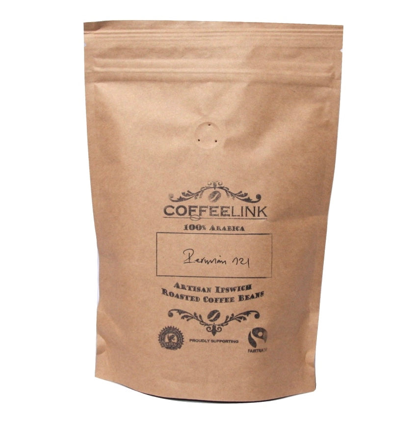 A brown kraft paper stand-up pouch of Coffeelink coffee beans on a plain white background.