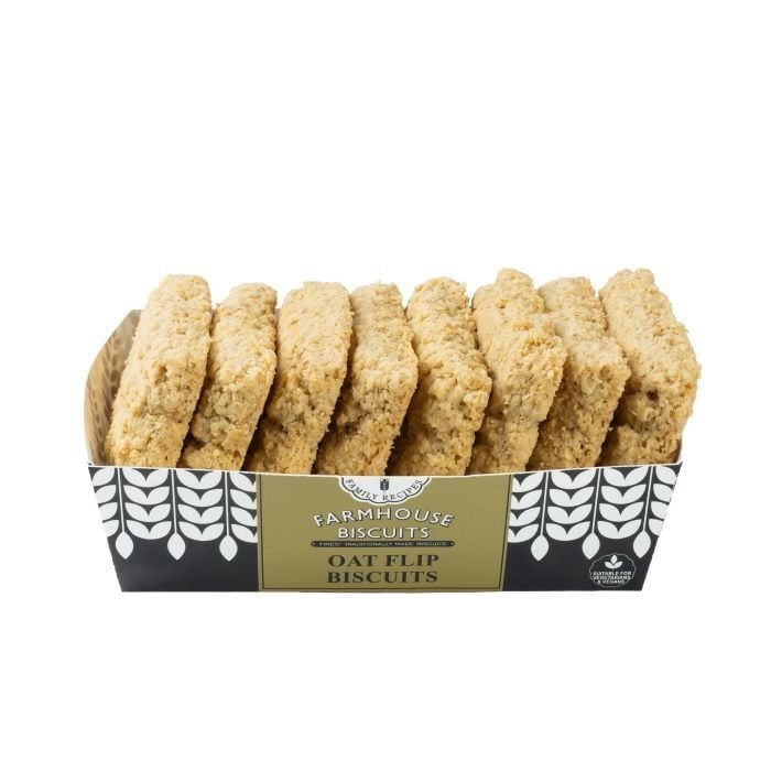 Box of Oat Flip Biscuits with a white background