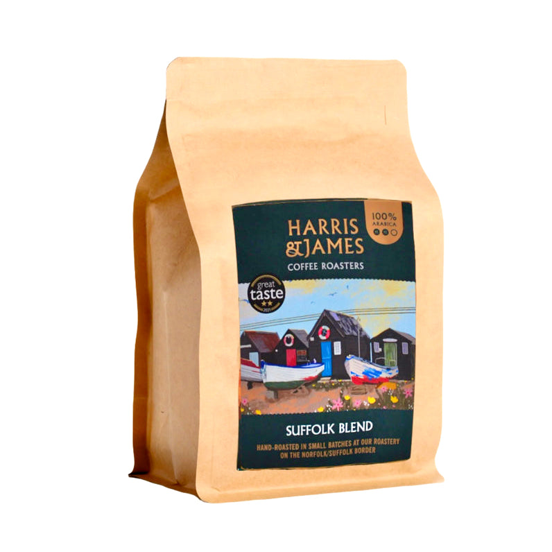 Coffee bag from Harris & James Coffee Roasters with a scenic design on a white background