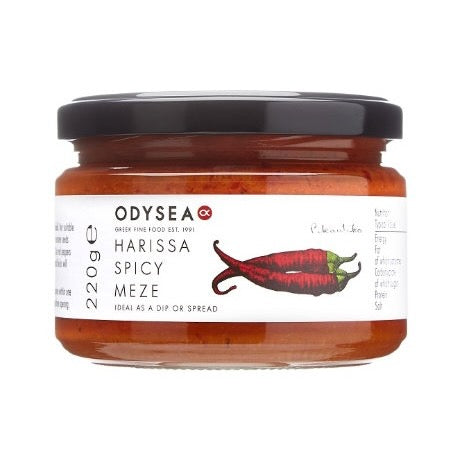 Jar of Odysea Harissa Spicy Meze on a white background