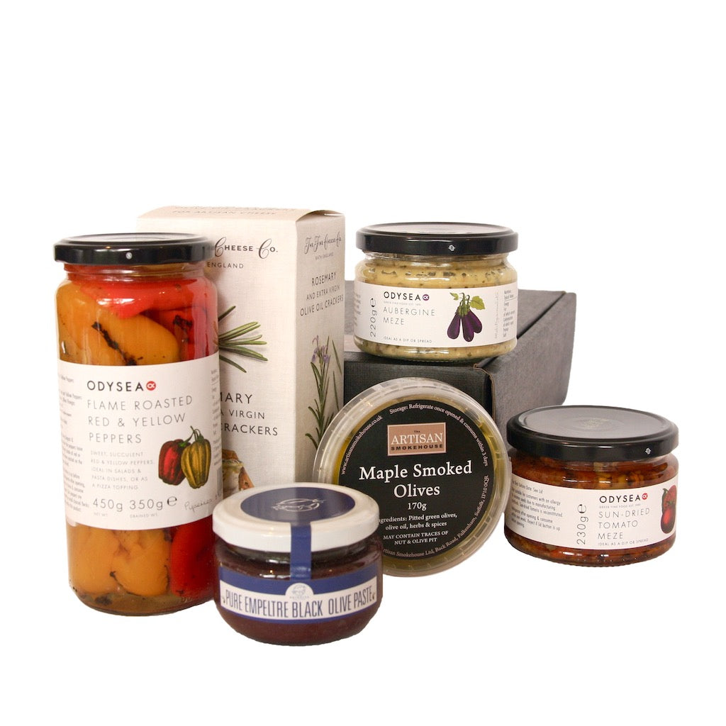 The Artisan Smokehouse's Mini Meze Hamper contains roasted peppers, smoked olives, crackers, Meze and tapenade