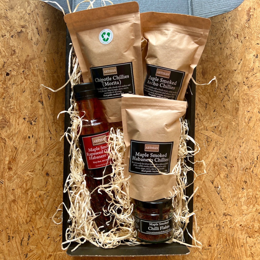 The Artisan Smokehouse's smoked chilli hamper open with contents on show