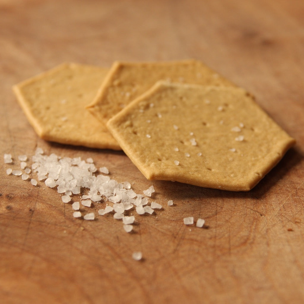 Three hexagonal crackers sprinkled with coarse sea salt, arranged on a wooden surface with a small pile of salt in the foreground.