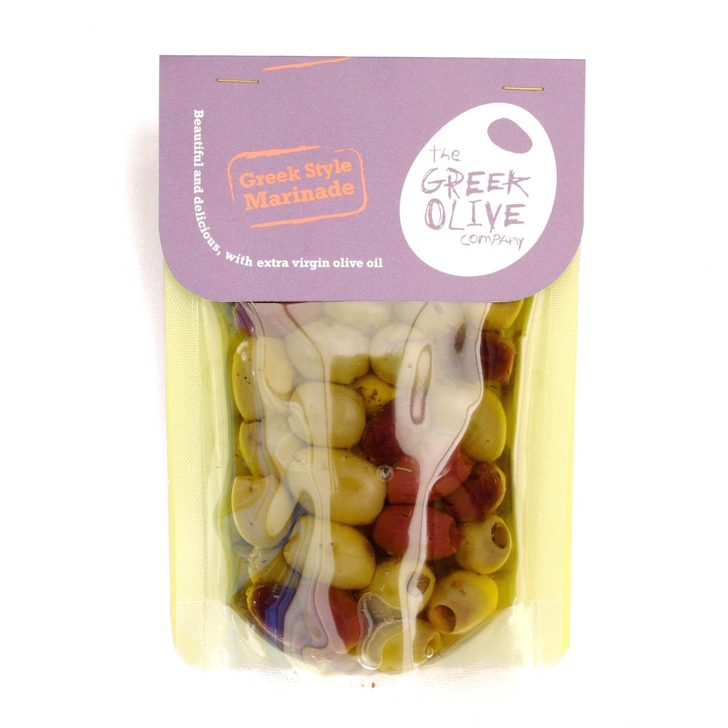 A packet of the Greek Olive Company Greek Marinade Mixed Olives