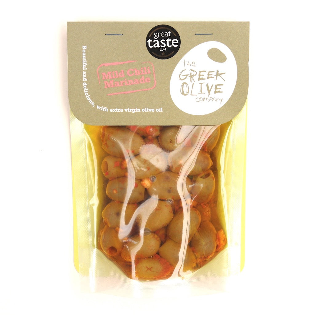 A packet of Greek Olive Company Mild Chilli Marinade Olives