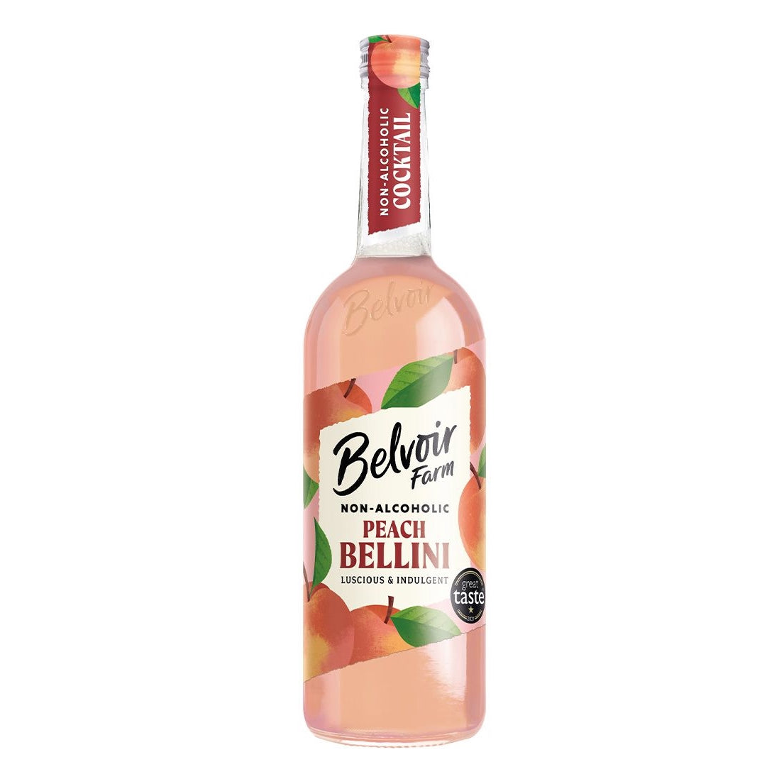 Bottle of Belvoir Farm non-alcoholic peach Bellini on a white background