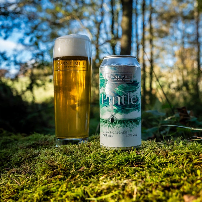 Pint of beer and can labeled 'Pintle' on a grassy outdoor background