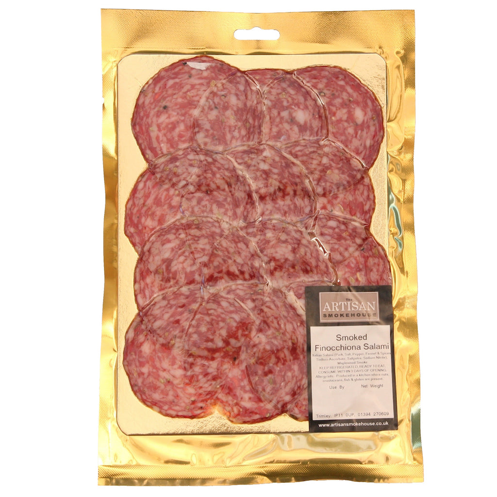 A packet of The Artisan Smokehouse's smoked Finocchiona salami