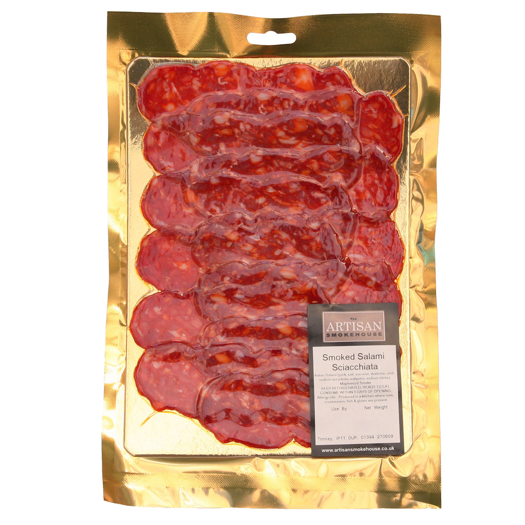 A packet of The Artisan Smokehouse's smoked Spianata Calabra salami