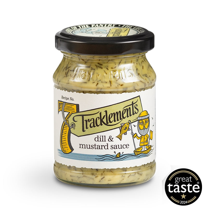 Jar of Tracklements dill and mustard sauce on a white background