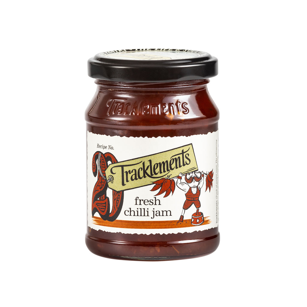 Jar of Tracklements fresh chilli jam on a white background