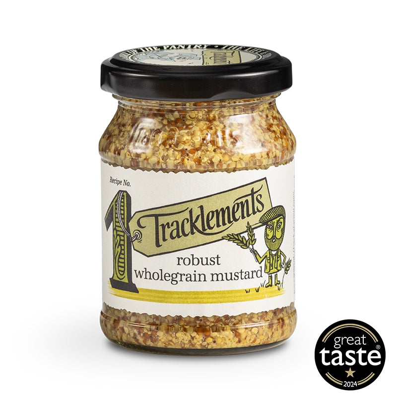 Jar of Tracklements robust wholegrain mustard with a 'Great Taste' award logo on a white background