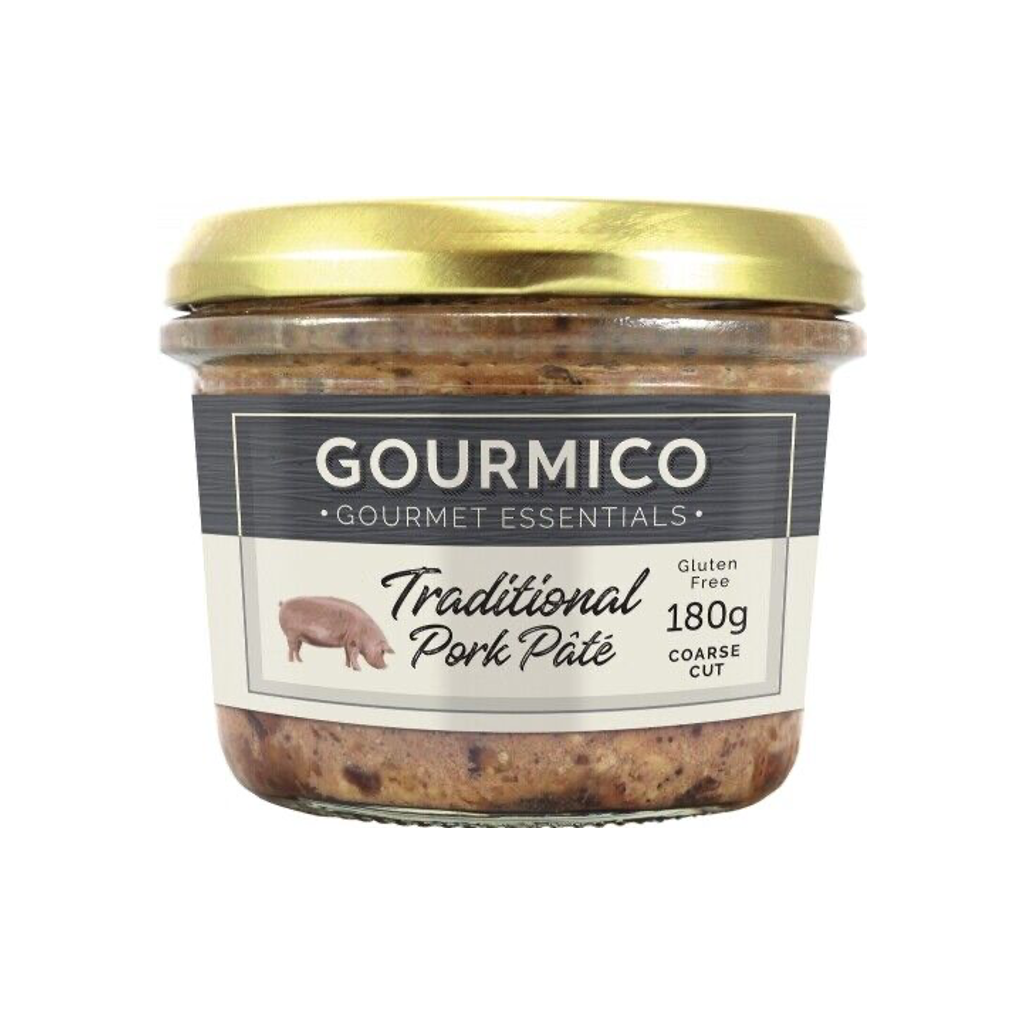 Jar of Gourmico Traditional Pork Páte on a white background