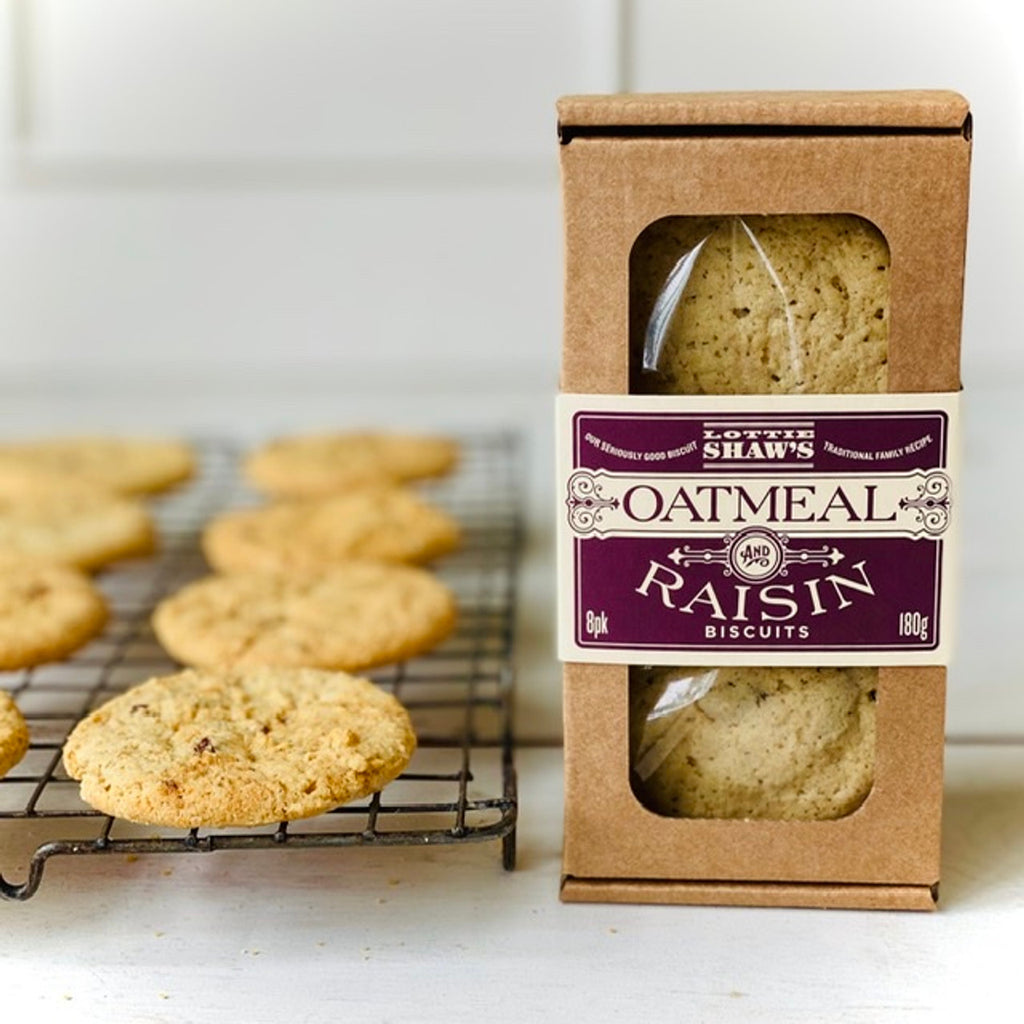 Lottie Shaw's Oatmeal & Raisin Biscuits in box and on drying rack