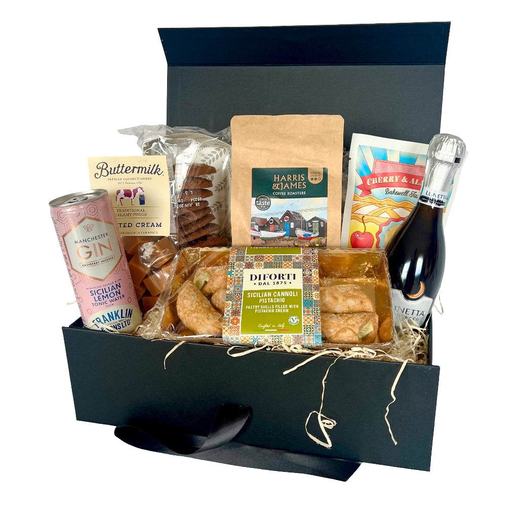An Afternoon Tea hamper containing sweet treats, coffee and prosecco.
