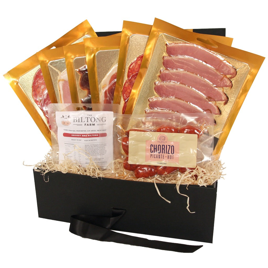 The Artisan Smokehouse's large meat eaters hamper with contents on show