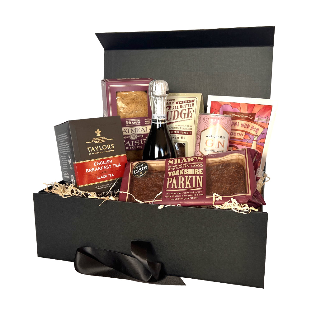 The Artisan Smokehouse's Afternoon Tea Hamper containing biscuits, fudge, cake, tea & Prosecco
