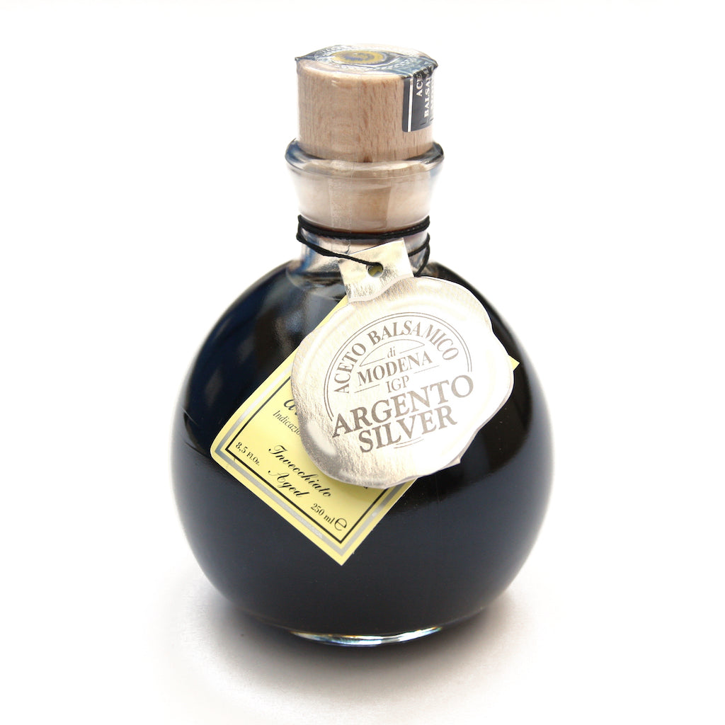 A bottle of Fattoria Estense Silver Label Aged Balsamic Vinegar