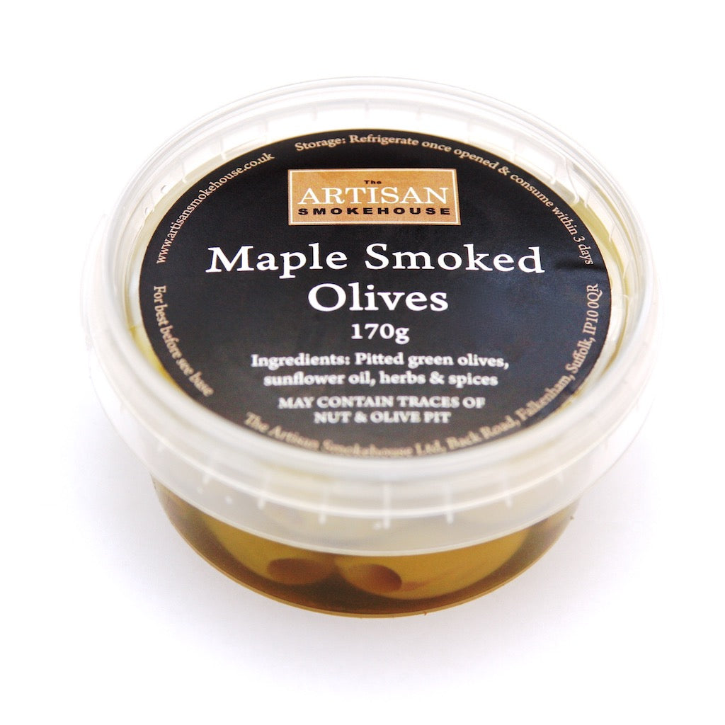 A pot of the Artisan Smokehouse maple smoked olives