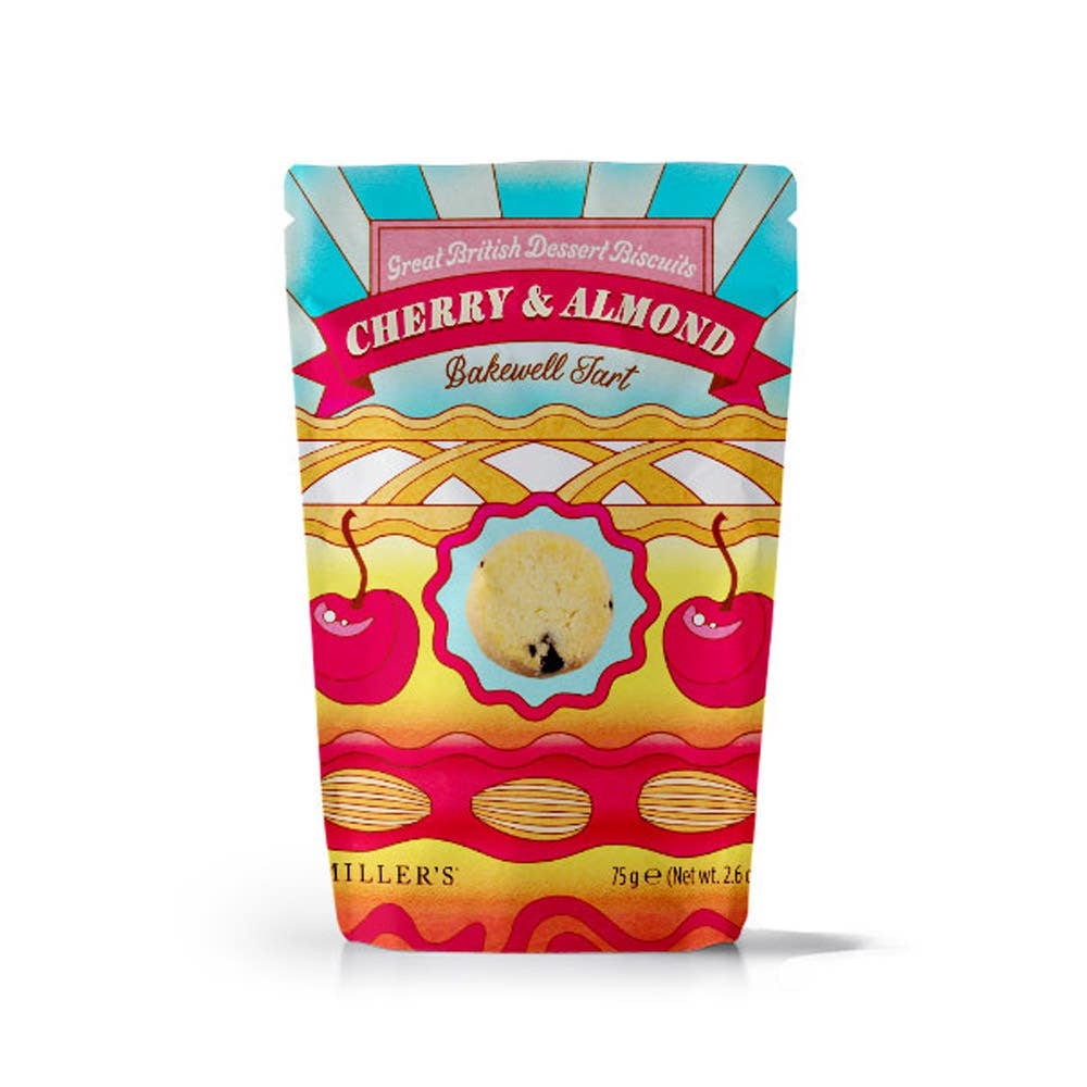 A colorful stand-up pouch filled with Millers Cherry & Almond Bakewell Tart cookies on a white background. 