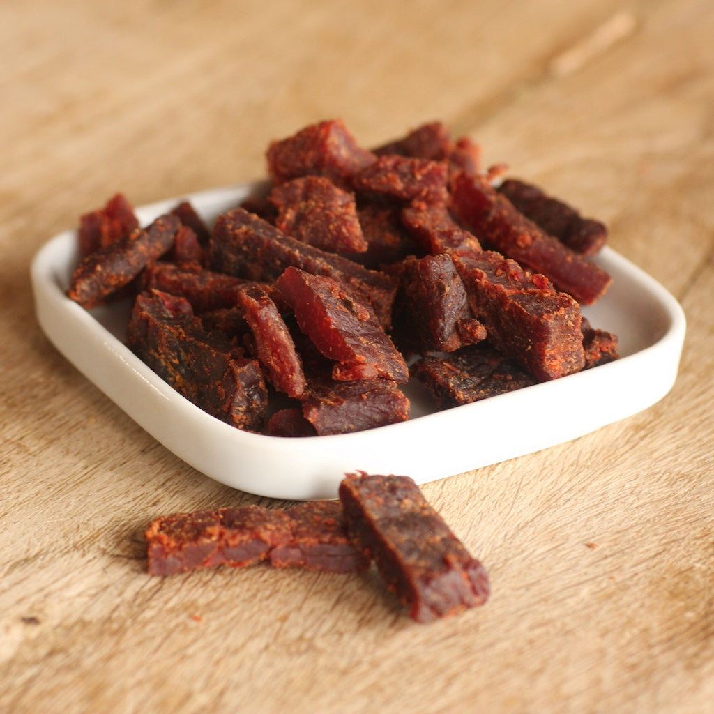 A dish filled with traditional beef biltong
