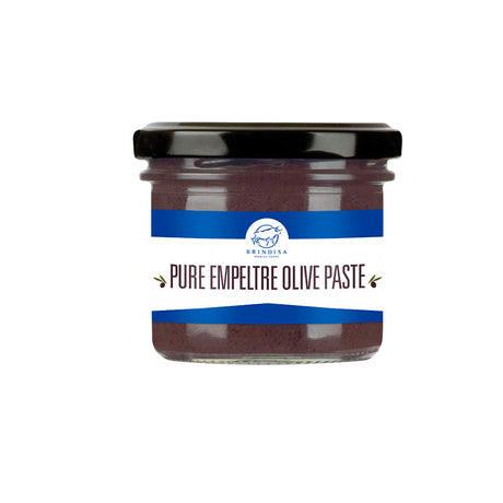 Jar of pure empeltre black olive paste with a blue label on a white background