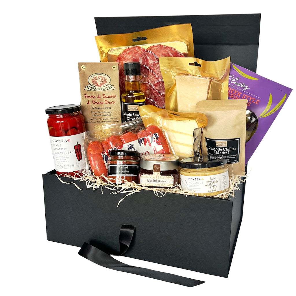 The Artisan Smokehouse's Continental hamper with contents on show