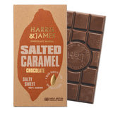 Harris & James salted caramel chocolate bar with packaging on a white background