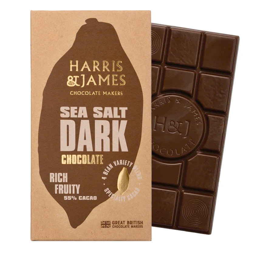 Harris & James sea salt dark chocolate bar with packaging on a white background