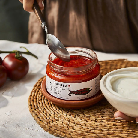 Person using a spoon to take Odyssey Mezze Harissa Spicy Meze from a jar into bowl of yoghurt.