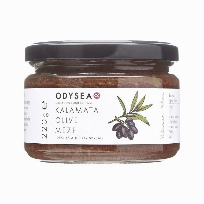 Jar of Odysea Kalamata Olive Meze on a white background