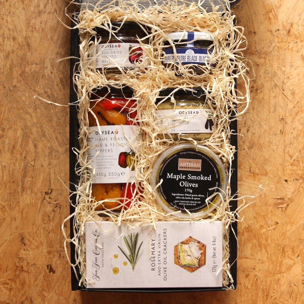 The Artisan Smokehouse's Mini Meze hamper open and showing contents