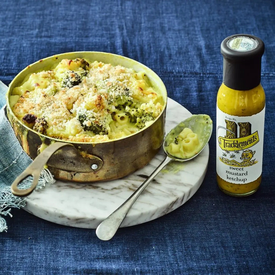 Tracklements Sweet Mustard Ketchup served alongside macaroni cheese