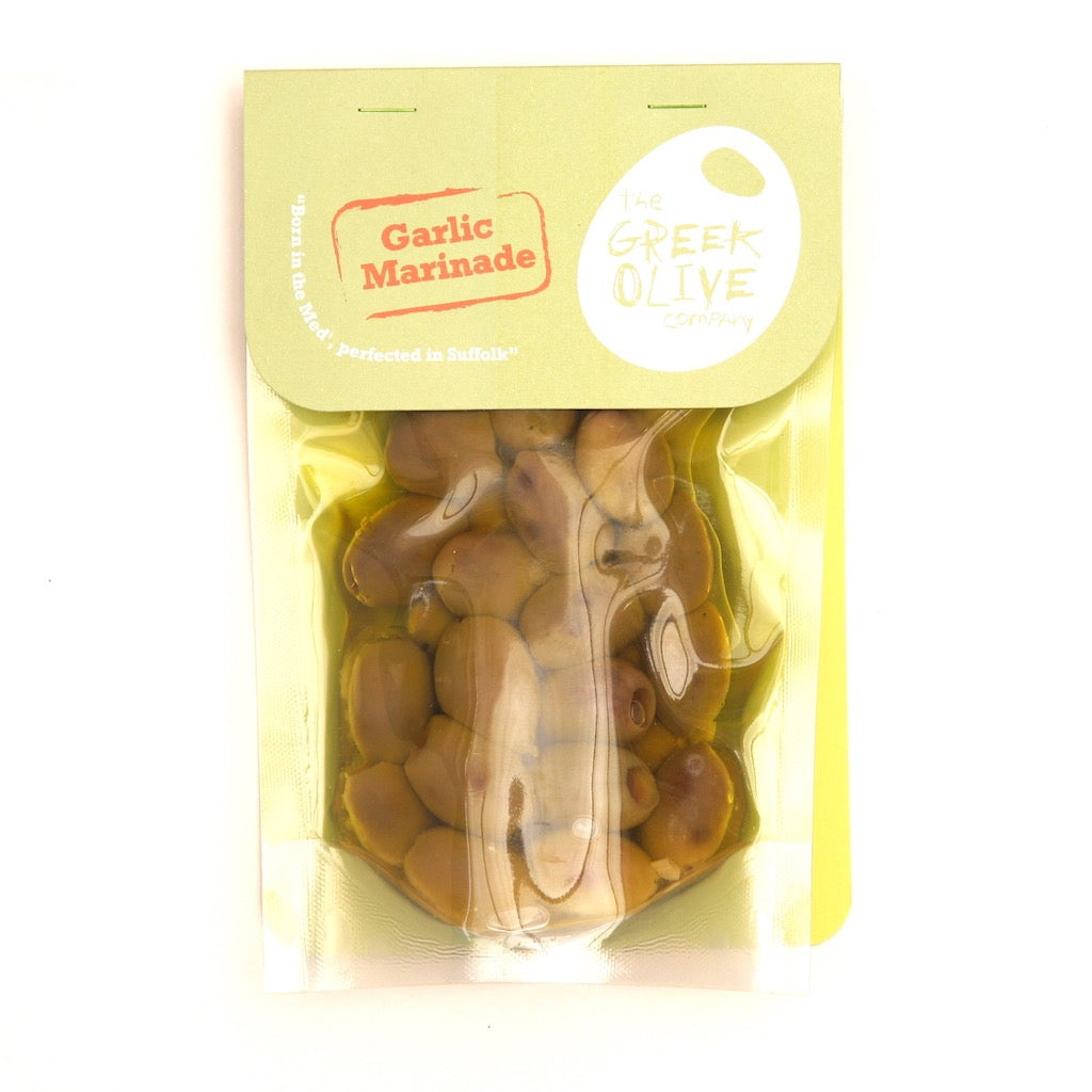 A packet of the Greek Olive Company Garlic Marinade Olives
