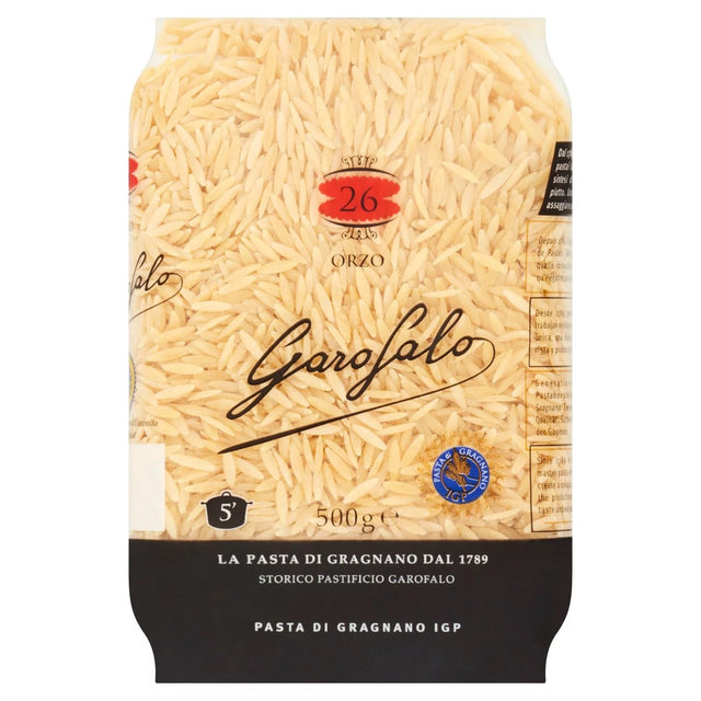 Garofalo orzo pasta packet on a white background