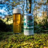Pint of beer and can labelled 'Pintle' on a grassy outdoor background
