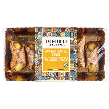 Packaged Sicilian Cannoli with lemon filling by Diforti on a white background