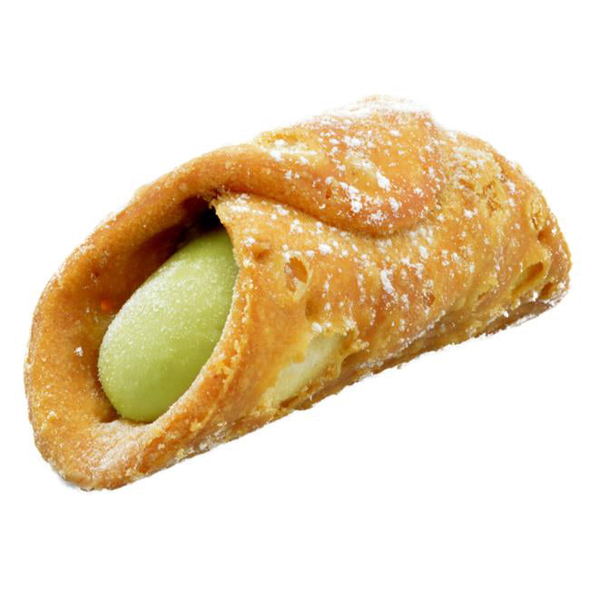 Cannoli roll with a pistachio filling on a white background