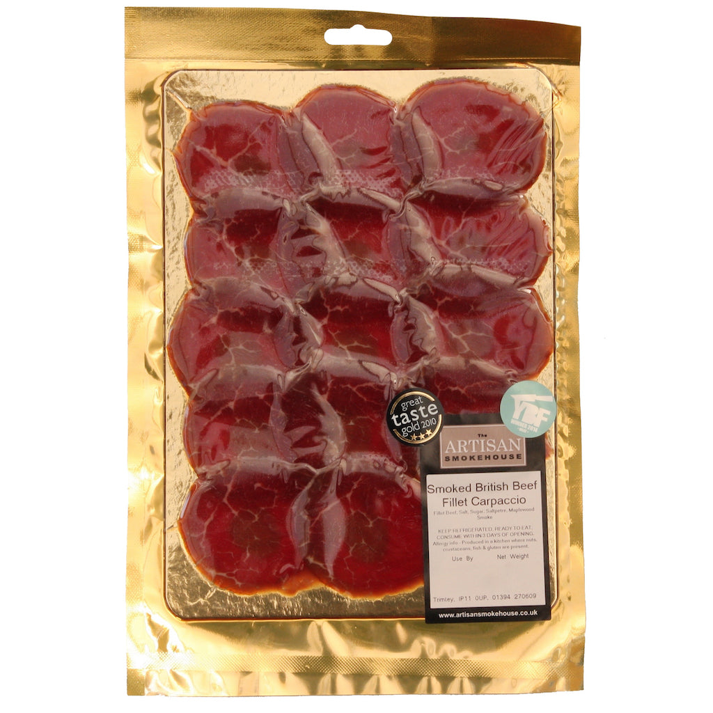 A packet of Artisan Smokehouse smoked beef fillet carpaccio