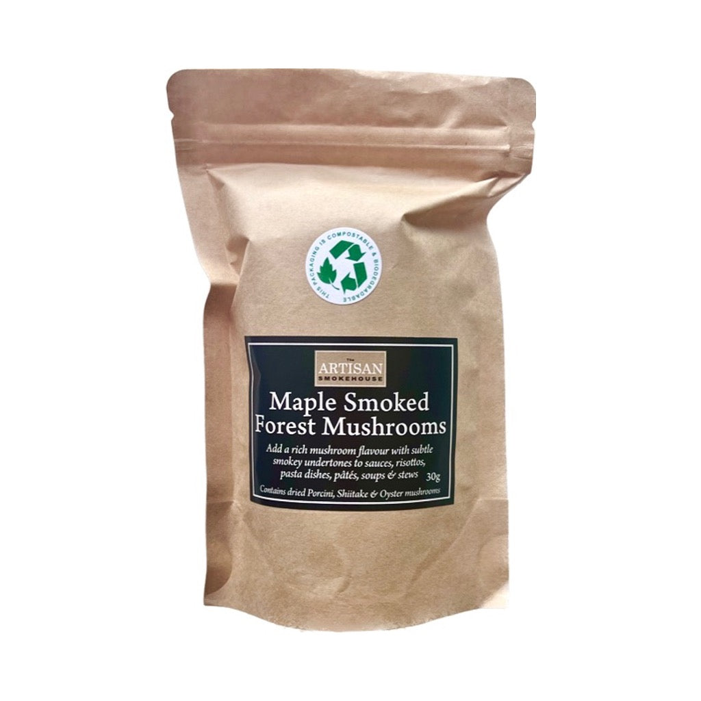 A packet of The Artisan Smokehouse's maple smoked forest mushrooms