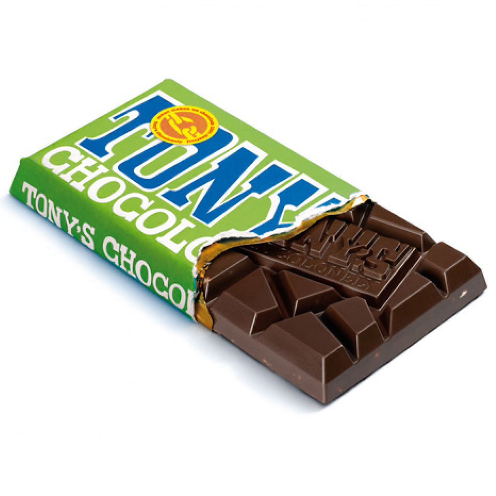 A bar of Tonys Chocolonely dark chocolate
