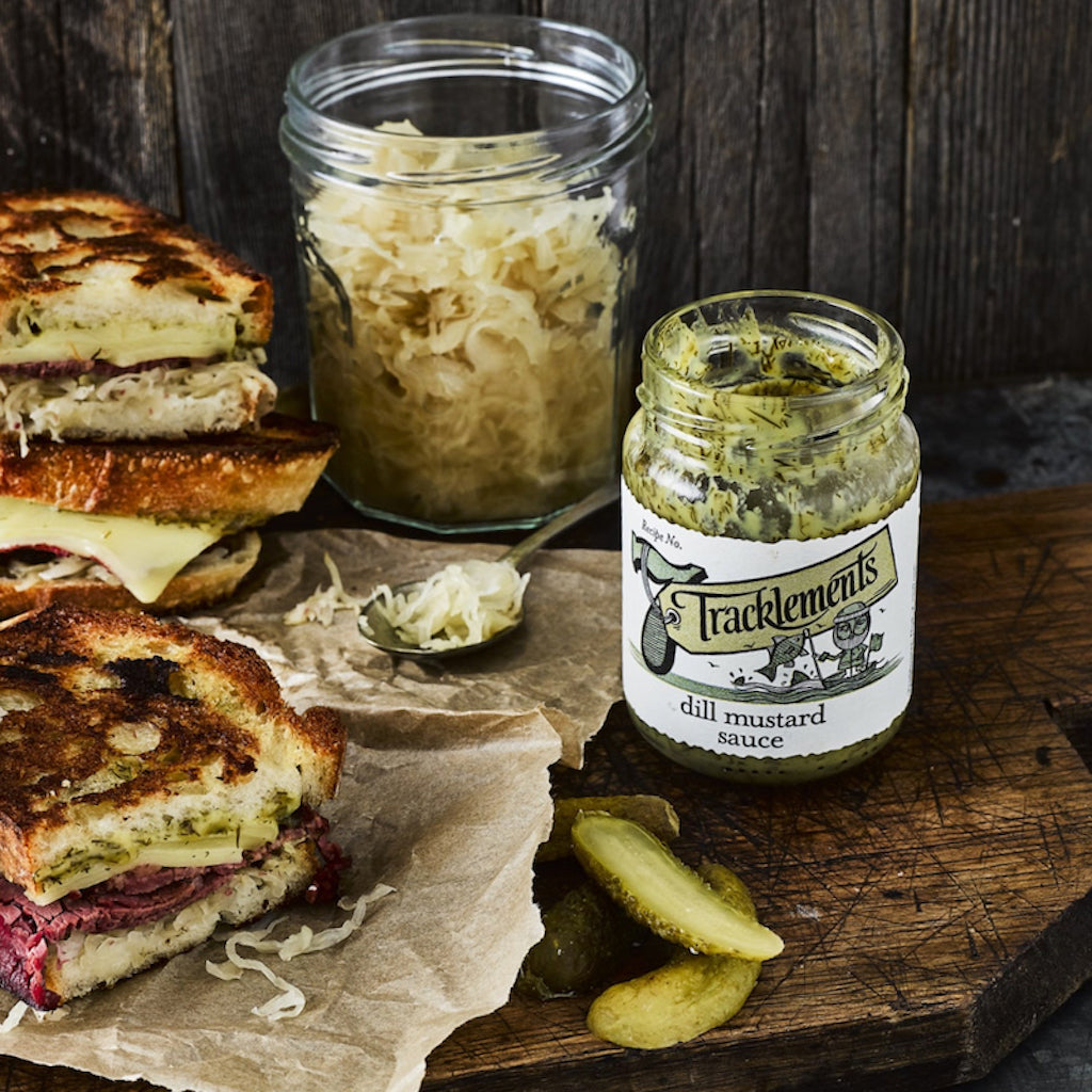 A jar of Tracklements dill mustard sauce